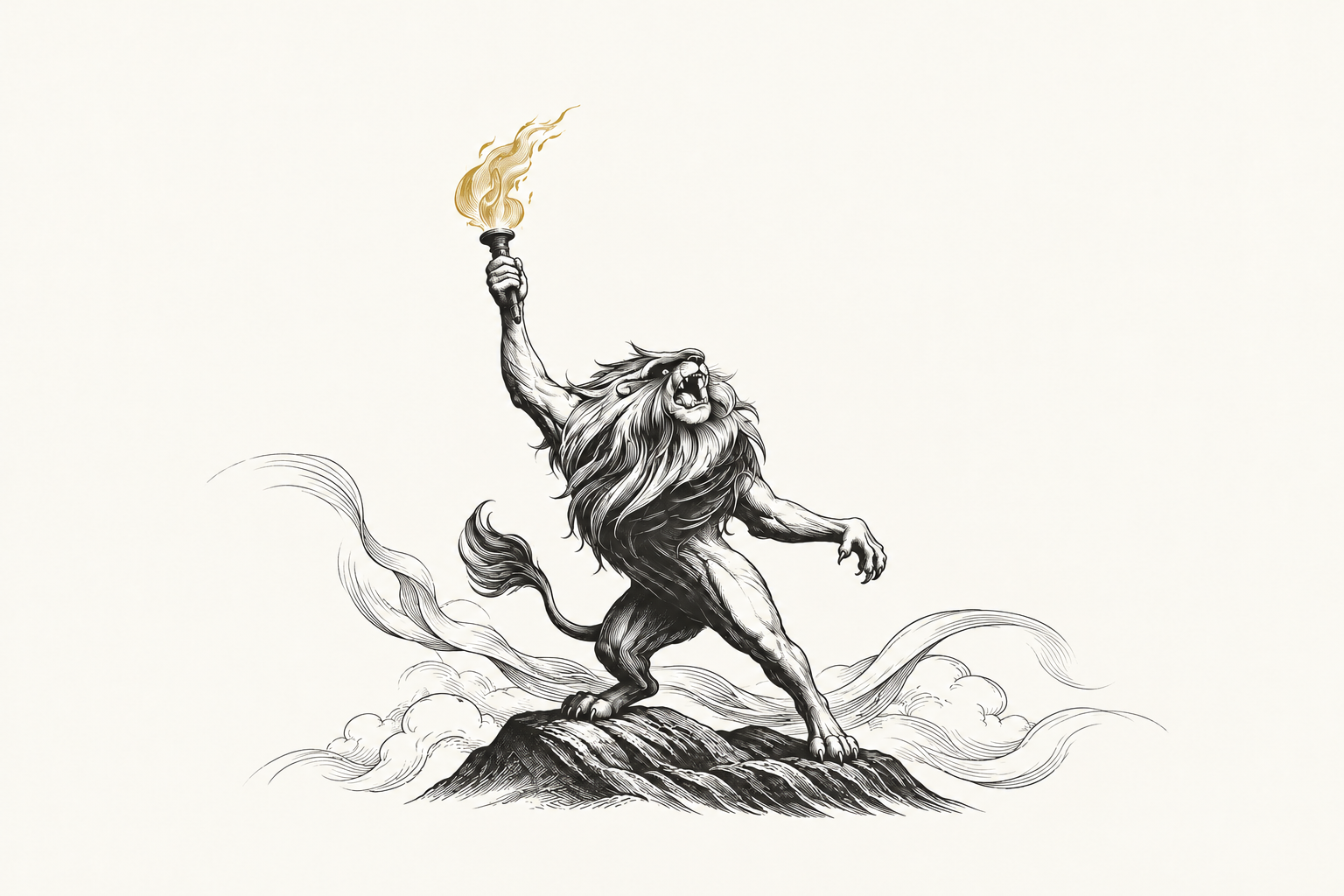Ilustracja LIONSTAGE — lew trzymający płonącą pochodnię